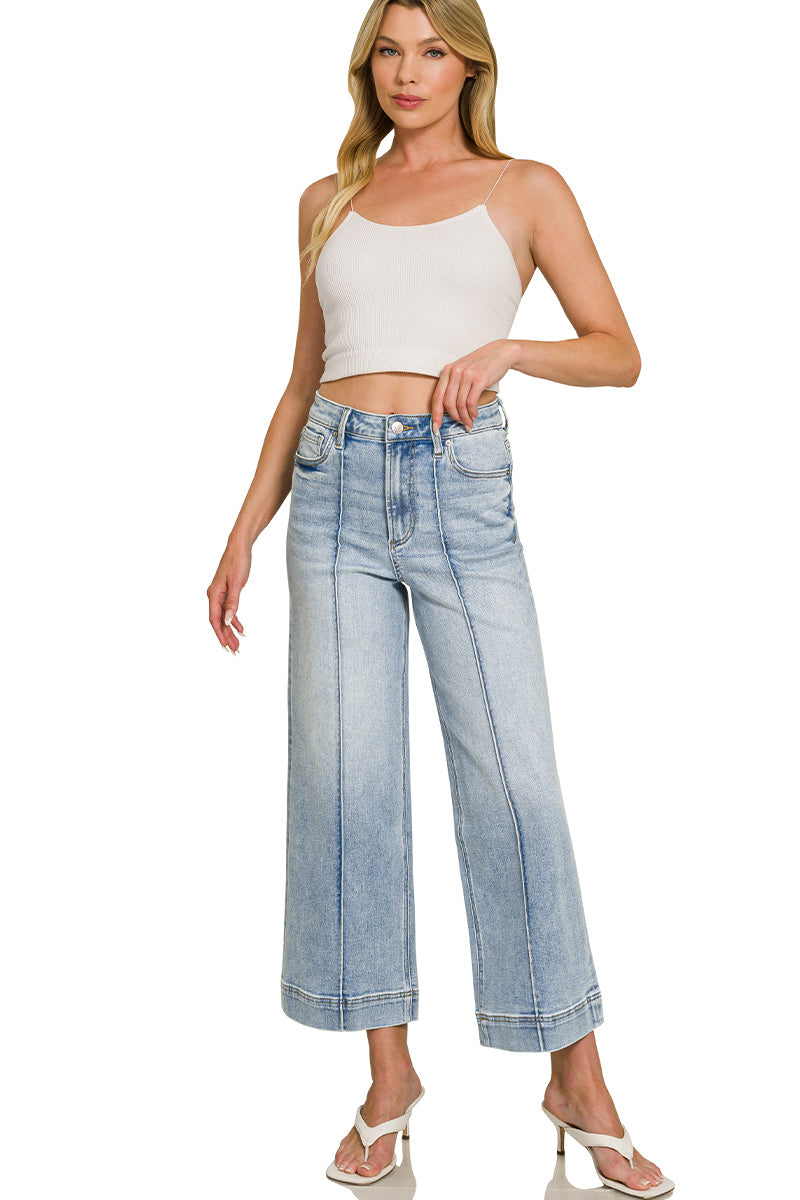 High rise wide leg pintuck denim pants