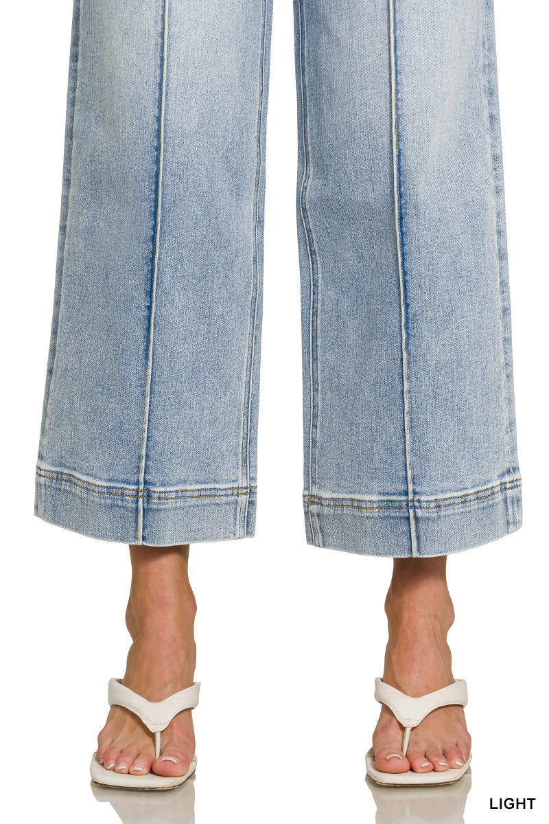 High rise wide leg pintuck denim pants