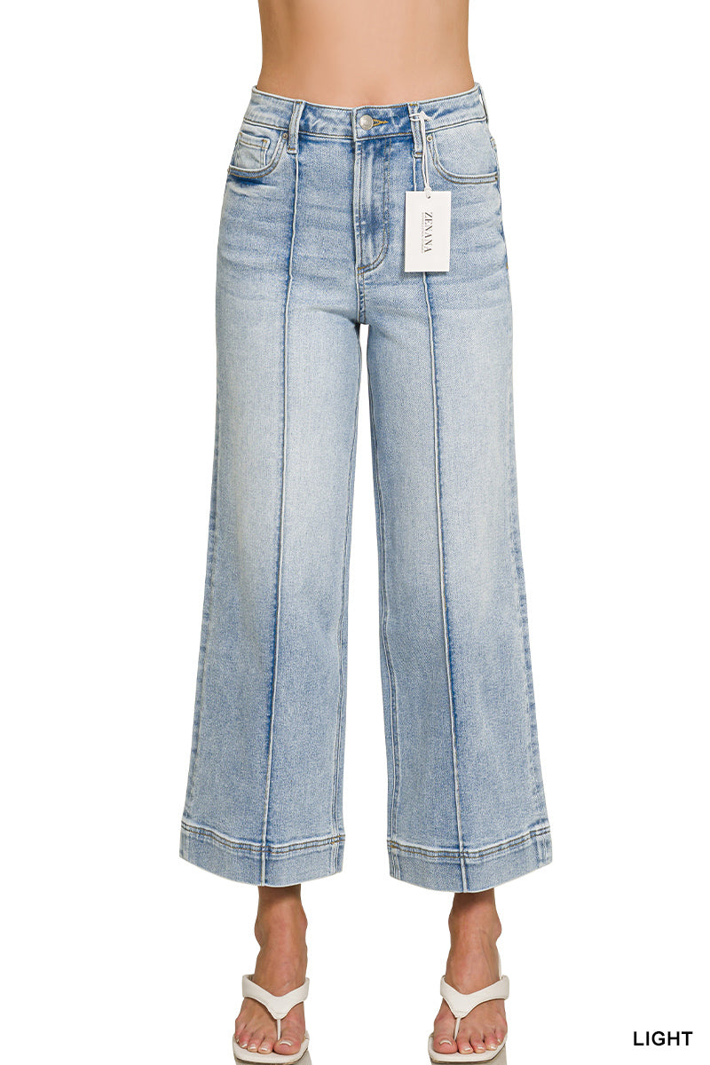 High rise wide leg pintuck denim pants