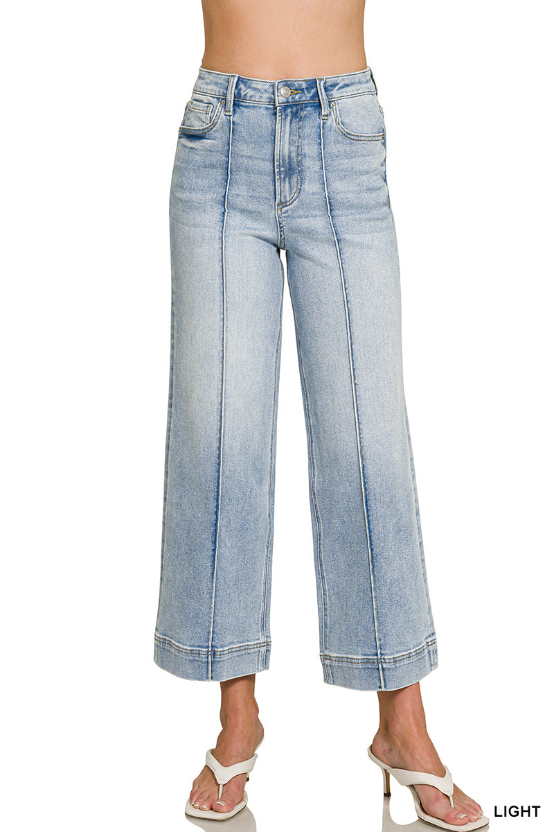 High rise wide leg pintuck denim pants