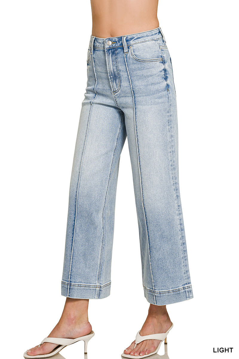 High rise wide leg pintuck denim pants