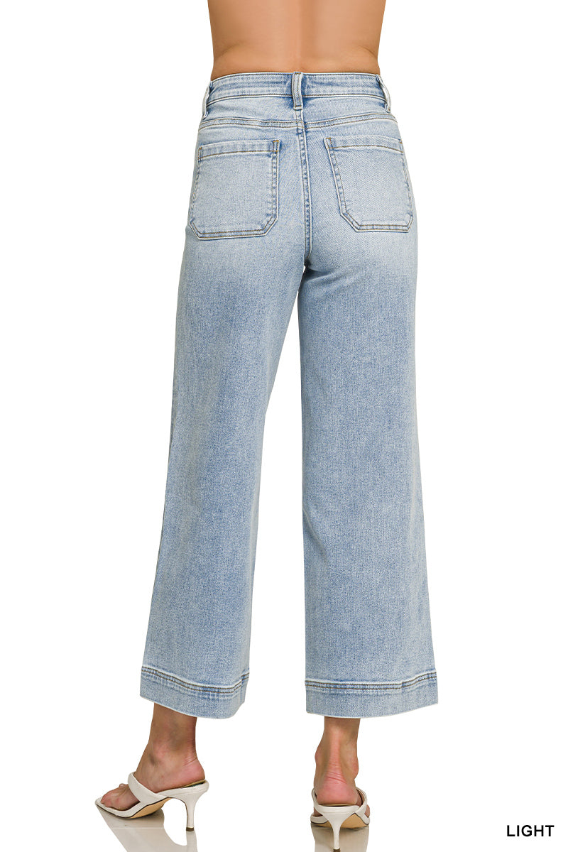 High rise wide leg pintuck denim pants