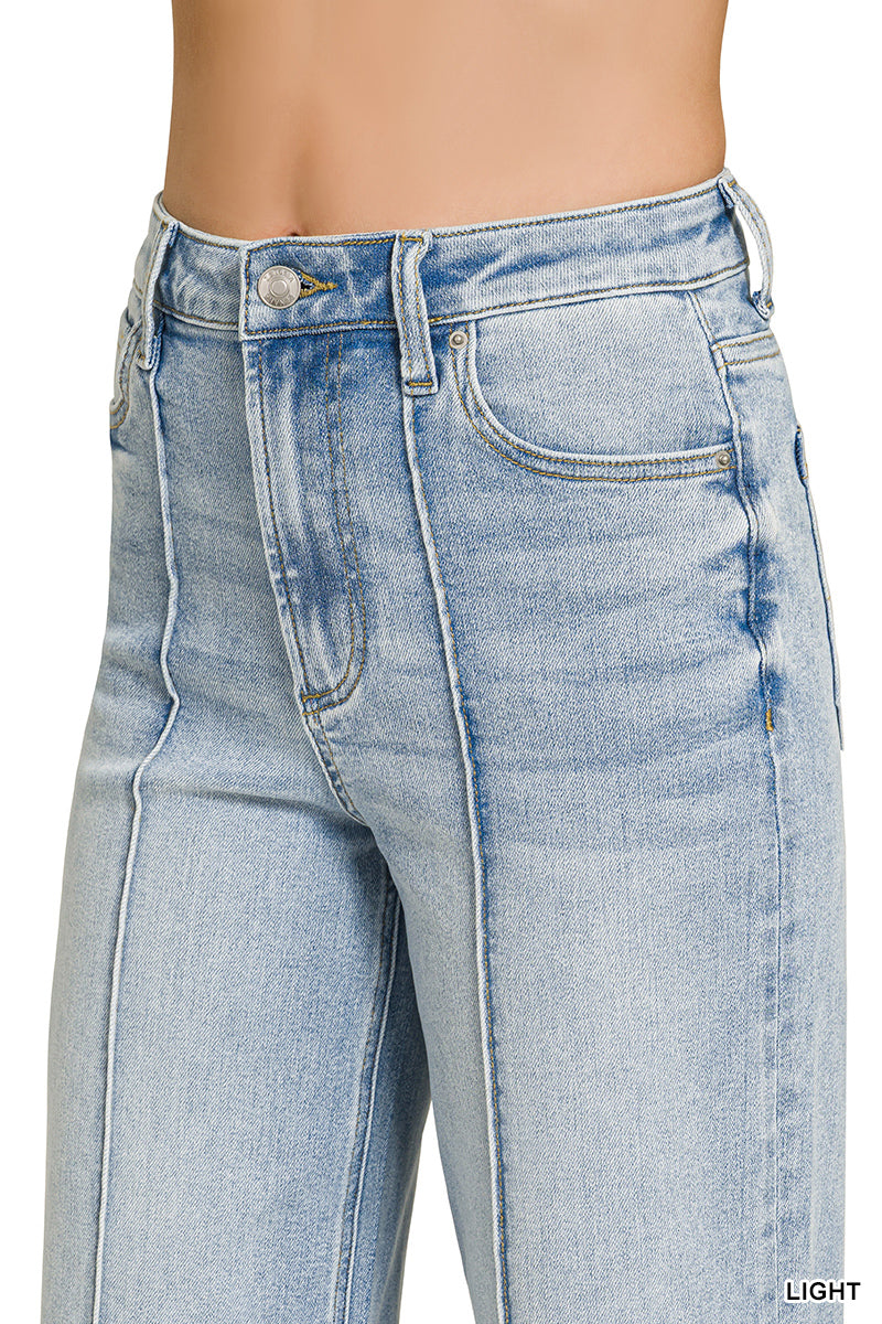 High rise wide leg pintuck denim pants