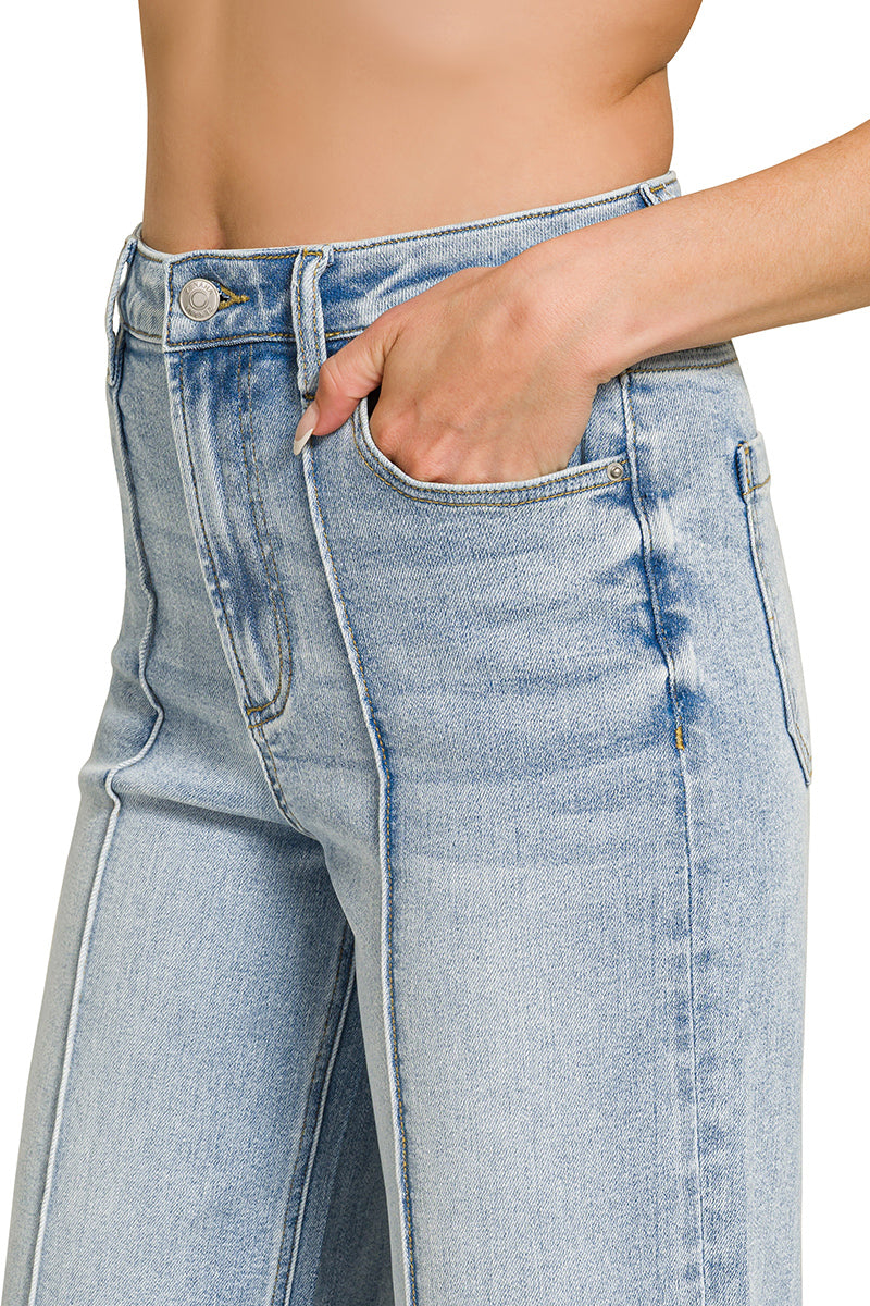 High rise wide leg pintuck denim pants