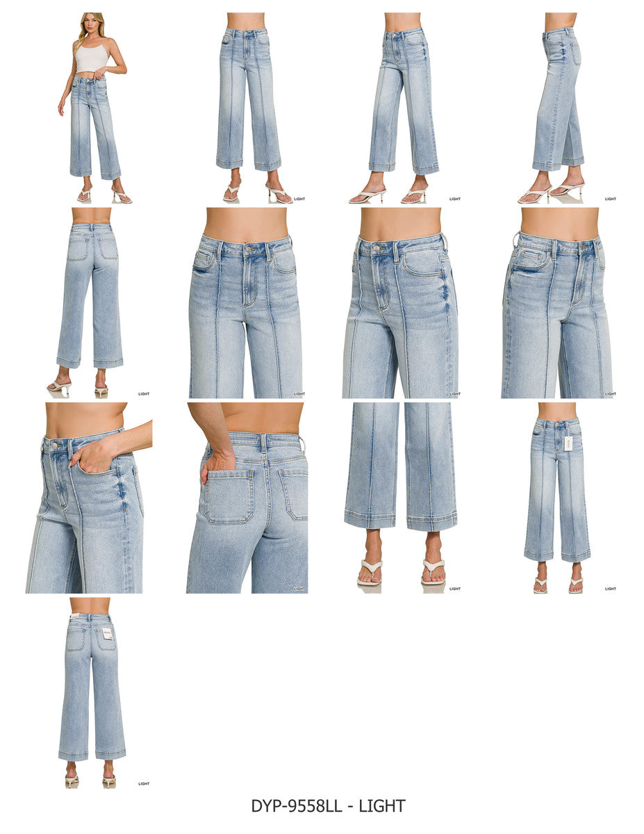 High rise wide leg pintuck denim pants