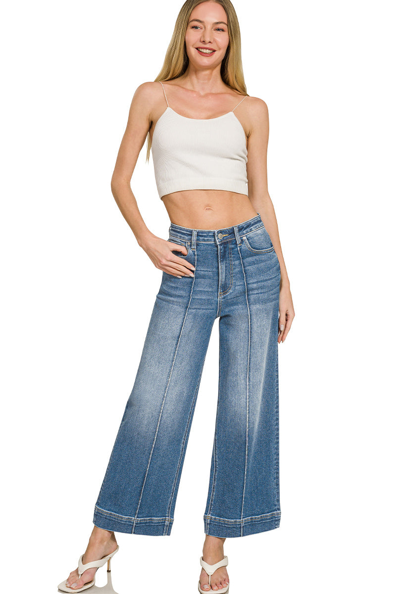 HIGH RISE WIDE LEG PINTUCK DENIM PANTS
