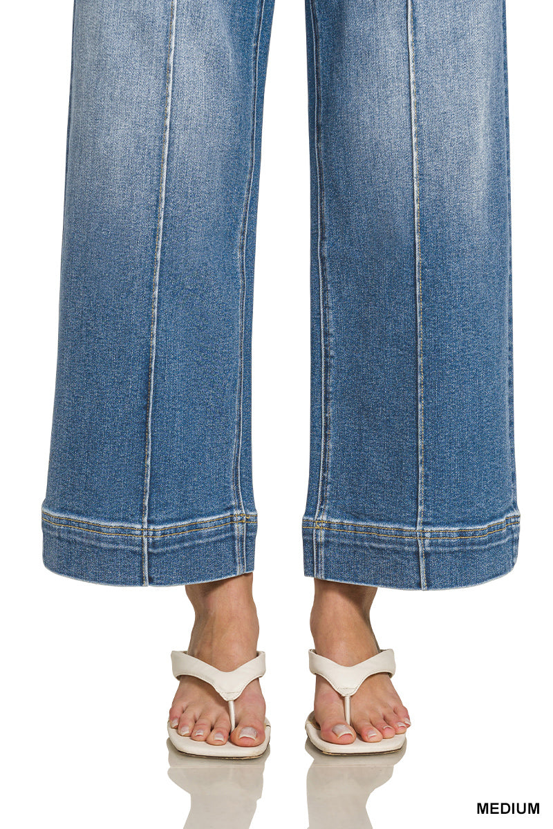 HIGH RISE WIDE LEG PINTUCK DENIM PANTS