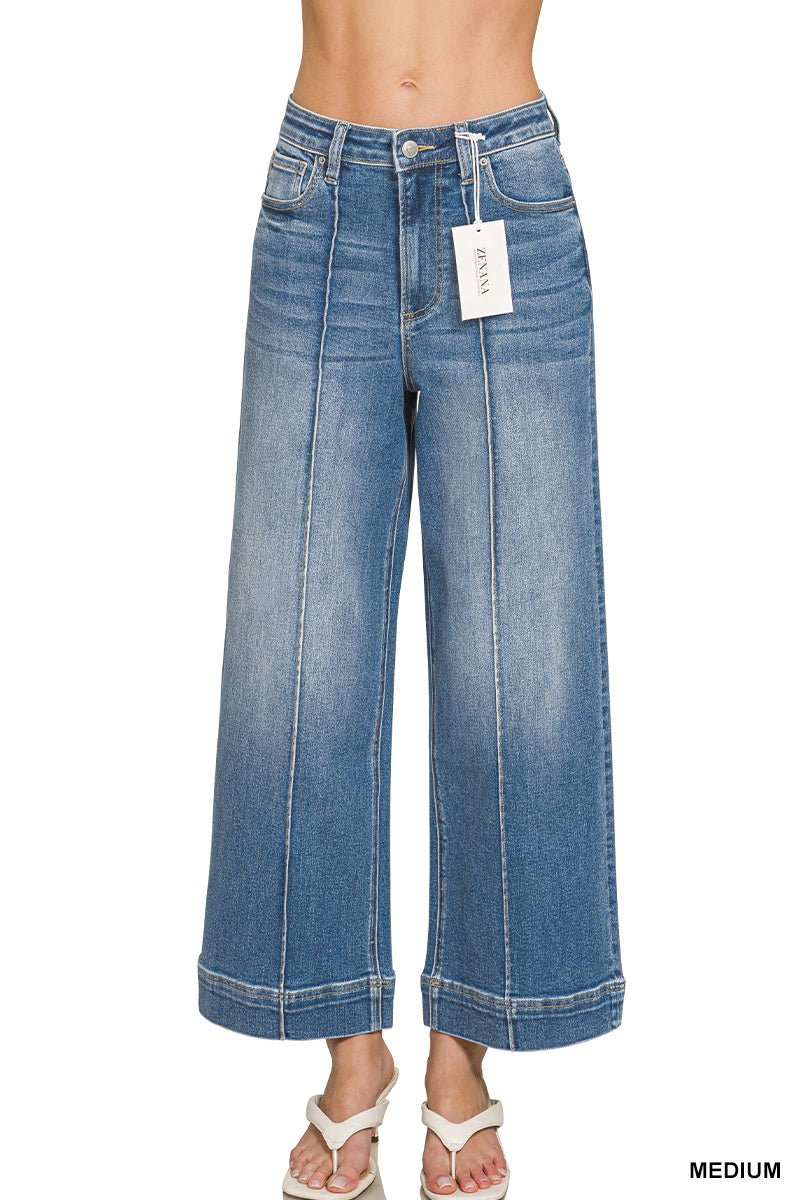 HIGH RISE WIDE LEG PINTUCK DENIM PANTS