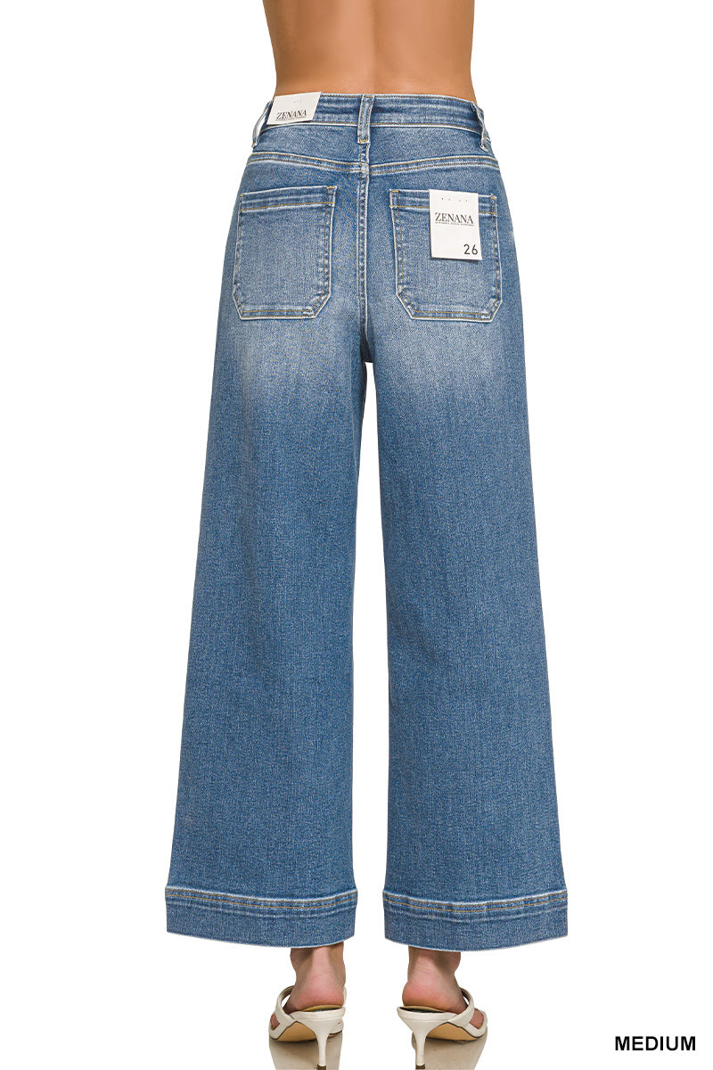 HIGH RISE WIDE LEG PINTUCK DENIM PANTS