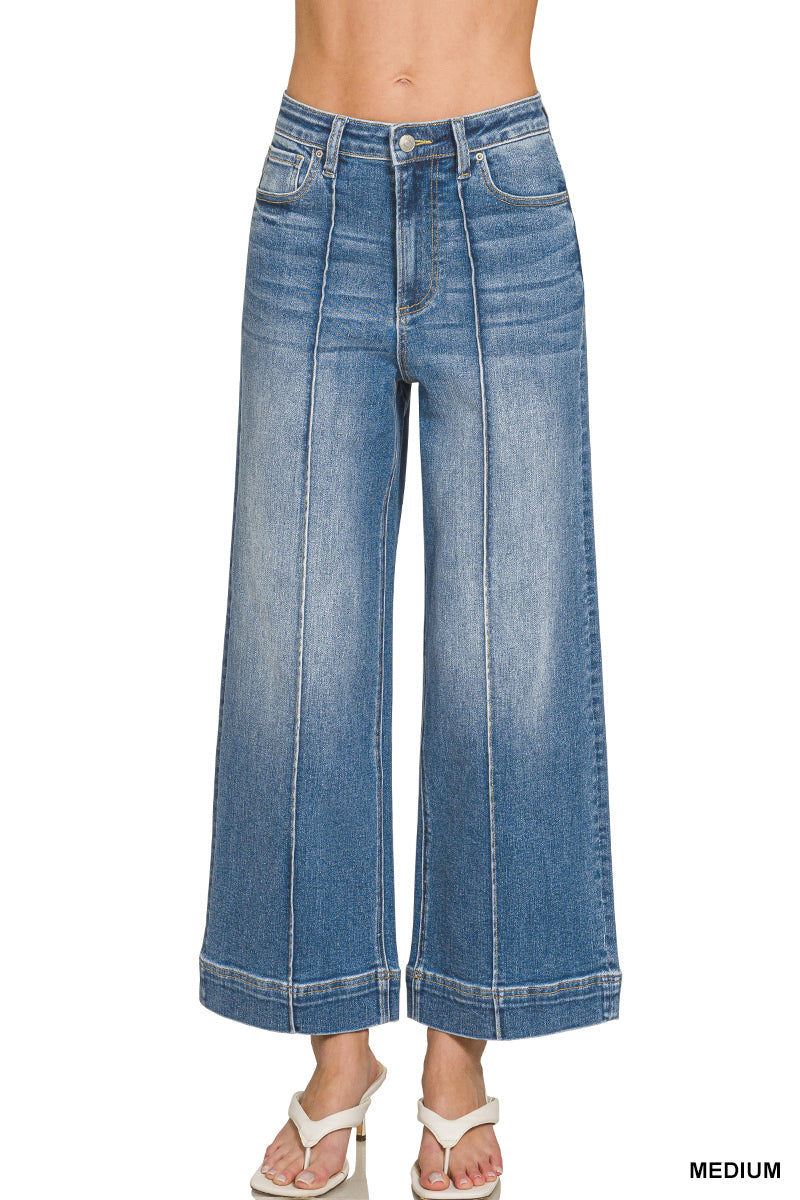 HIGH RISE WIDE LEG PINTUCK DENIM PANTS