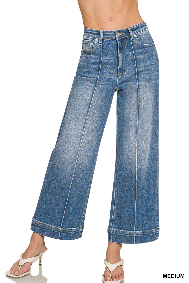HIGH RISE WIDE LEG PINTUCK DENIM PANTS