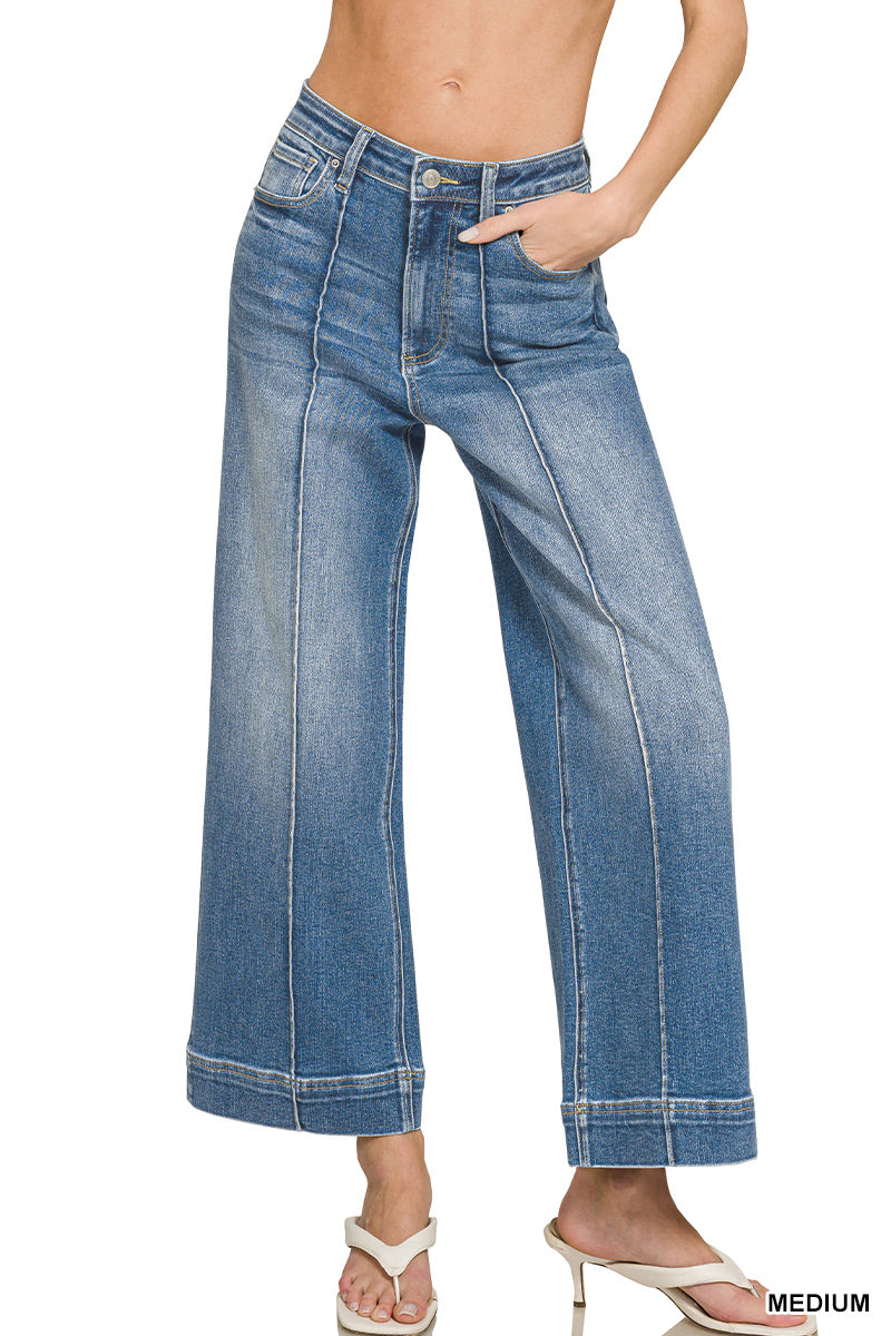 HIGH RISE WIDE LEG PINTUCK DENIM PANTS