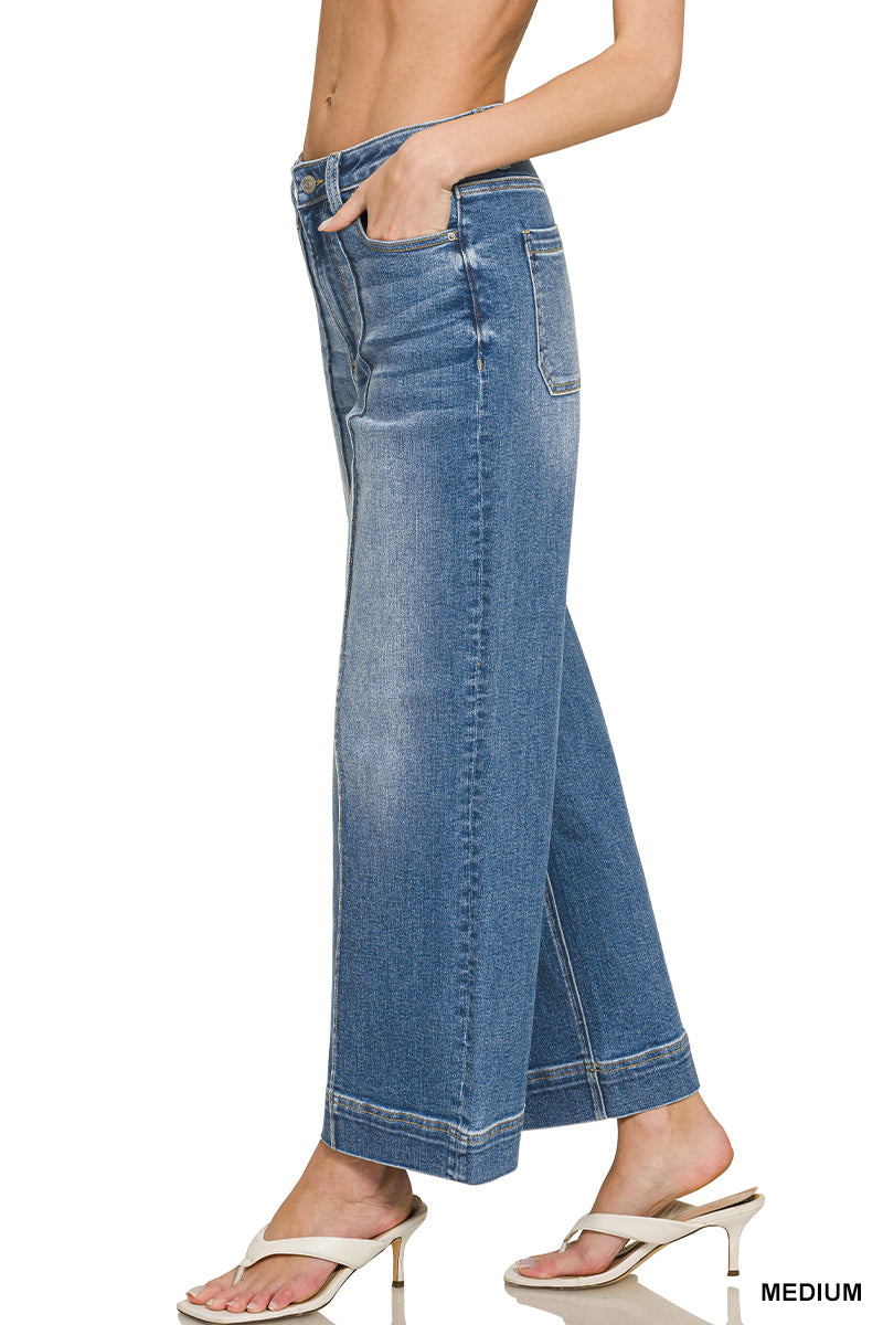 HIGH RISE WIDE LEG PINTUCK DENIM PANTS