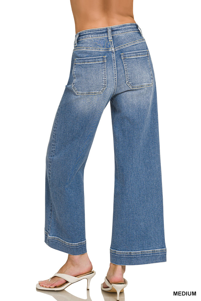 HIGH RISE WIDE LEG PINTUCK DENIM PANTS