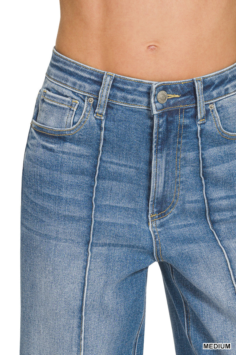 HIGH RISE WIDE LEG PINTUCK DENIM PANTS