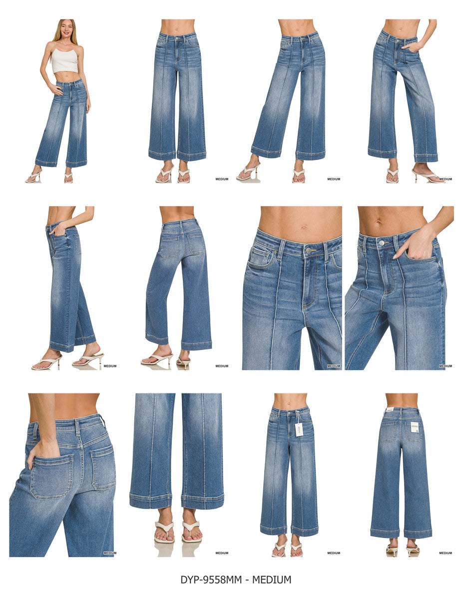 HIGH RISE WIDE LEG PINTUCK DENIM PANTS