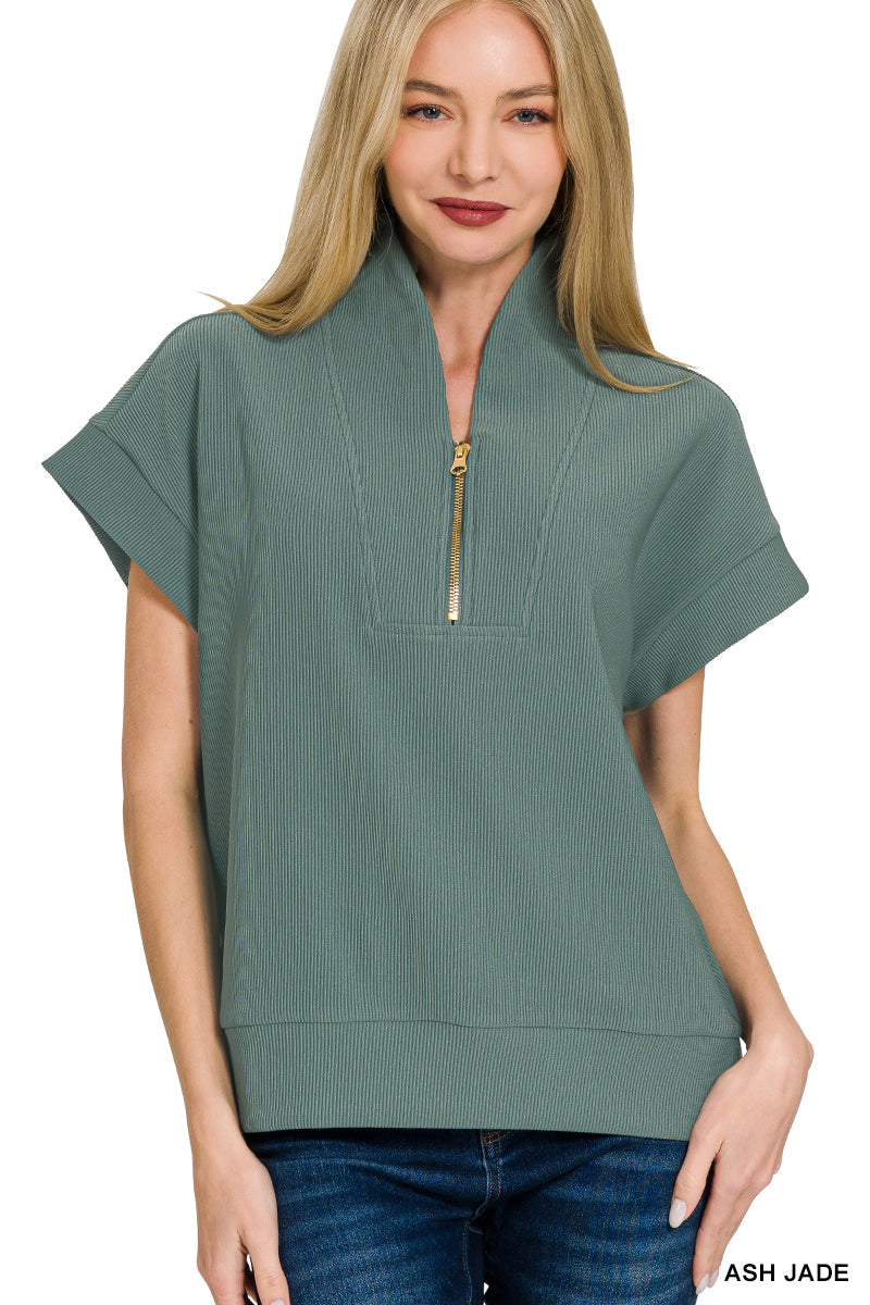 Ribbed high neck half zip top