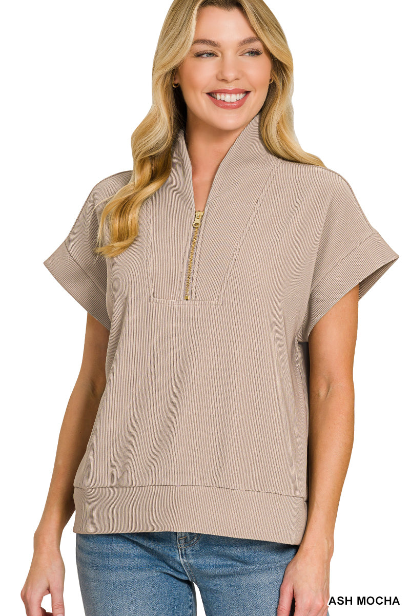 Ribbed high neck half zip top