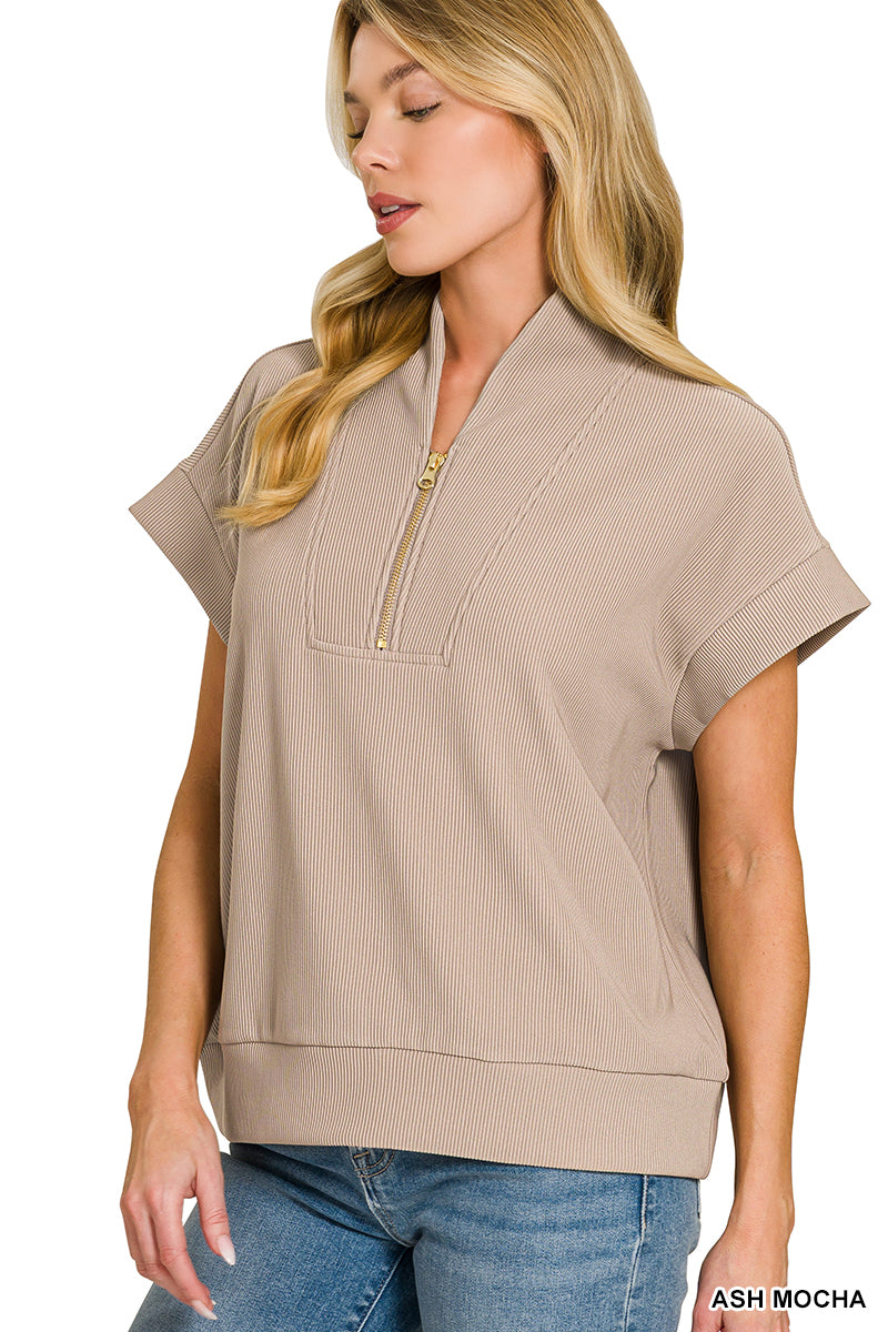 Ribbed high neck half zip top