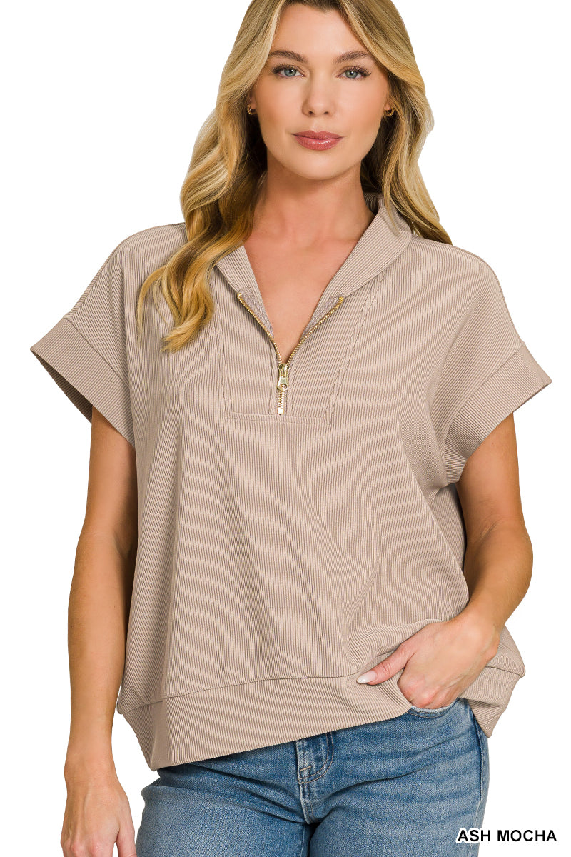 Ribbed high neck half zip top
