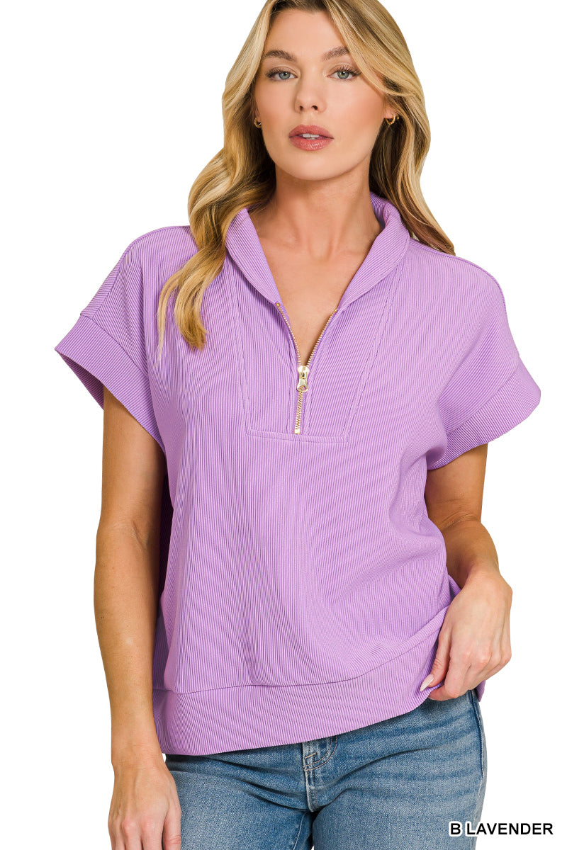 Ribbed high neck half zip top