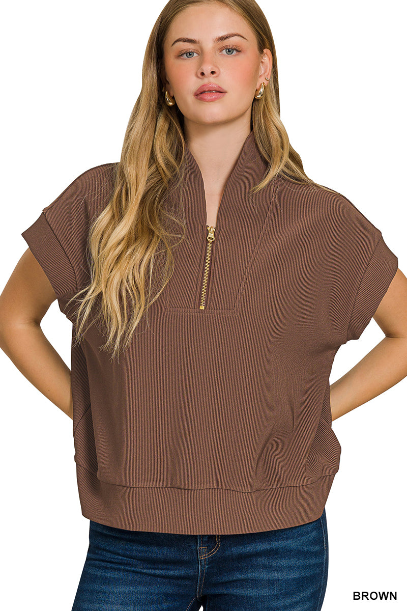Ribbed high neck half zip top