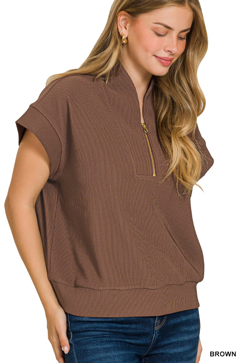 Ribbed high neck half zip top