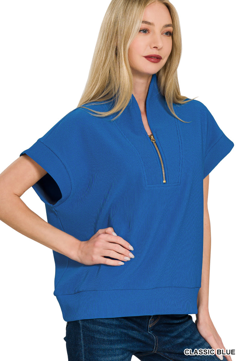 Ribbed high neck half zip top