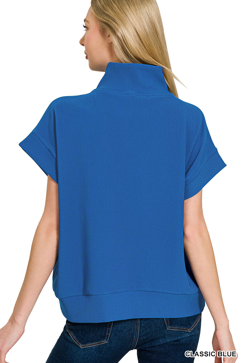 Ribbed high neck half zip top