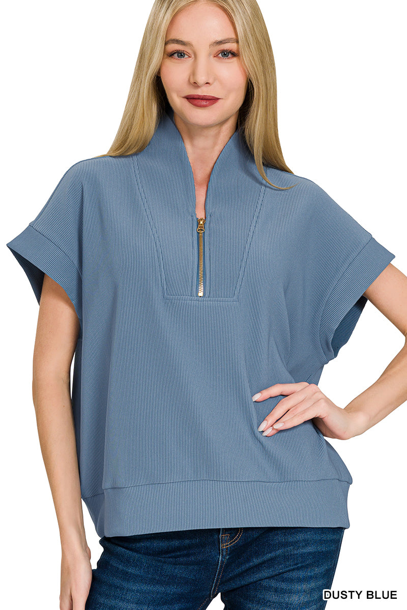 Ribbed high neck half zip top