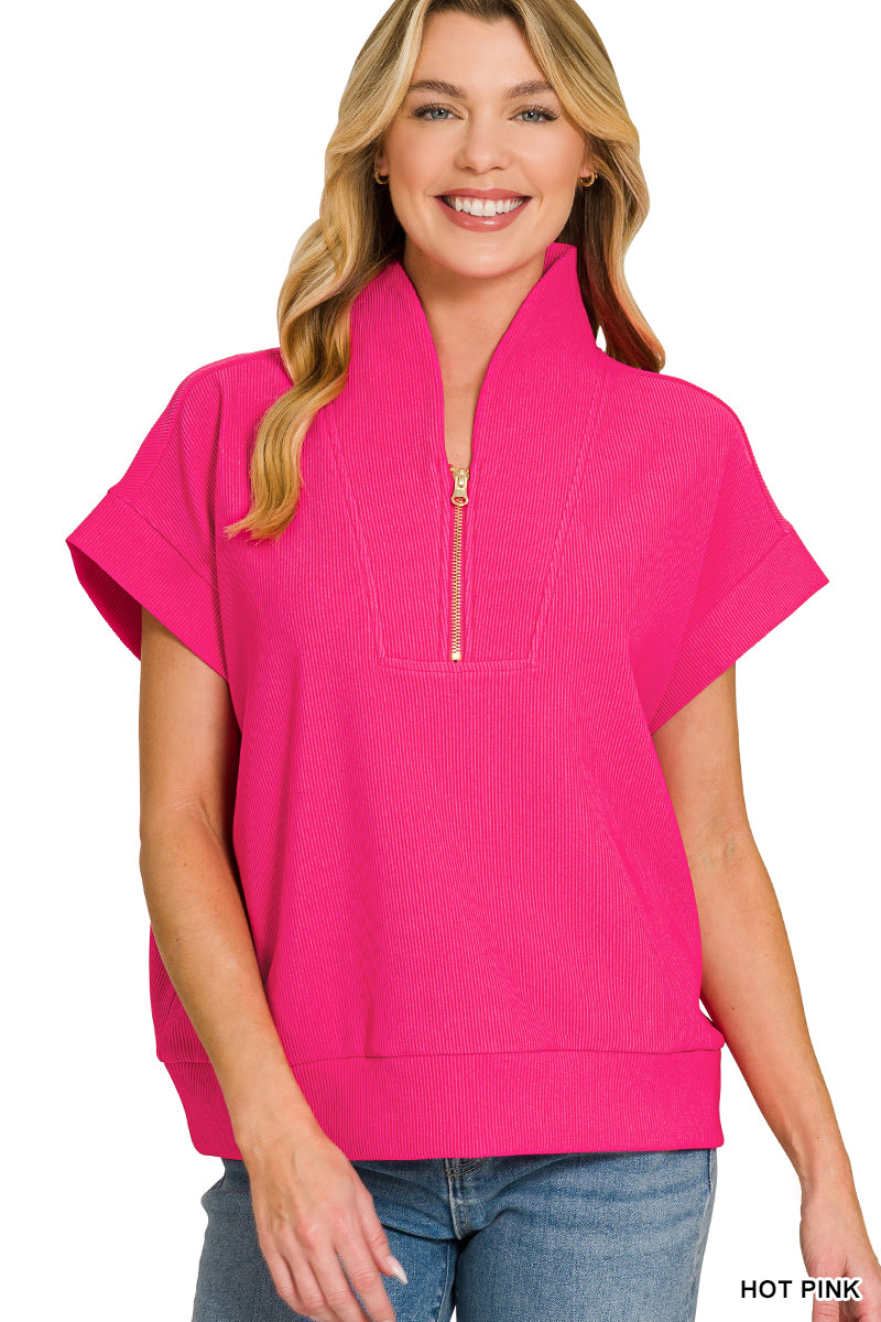 Ribbed high neck half zip top