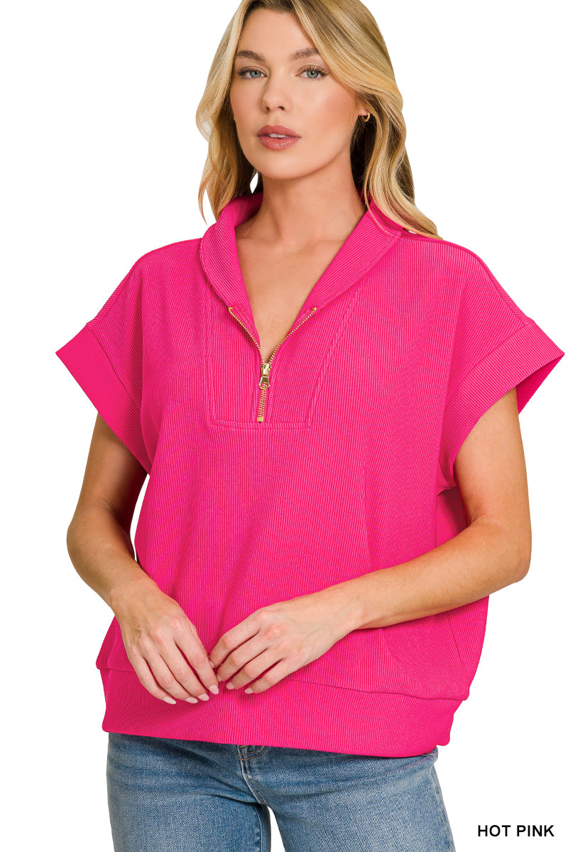 Ribbed high neck half zip top