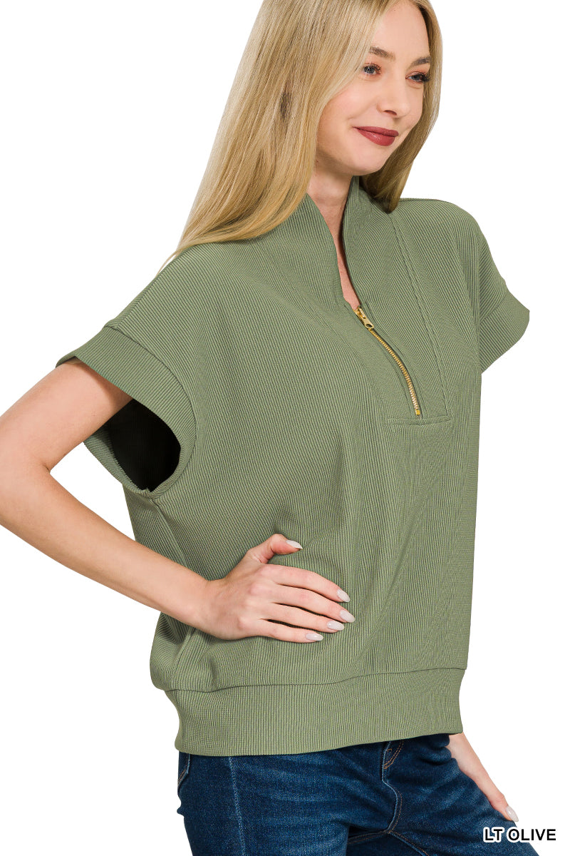 Ribbed high neck half zip top