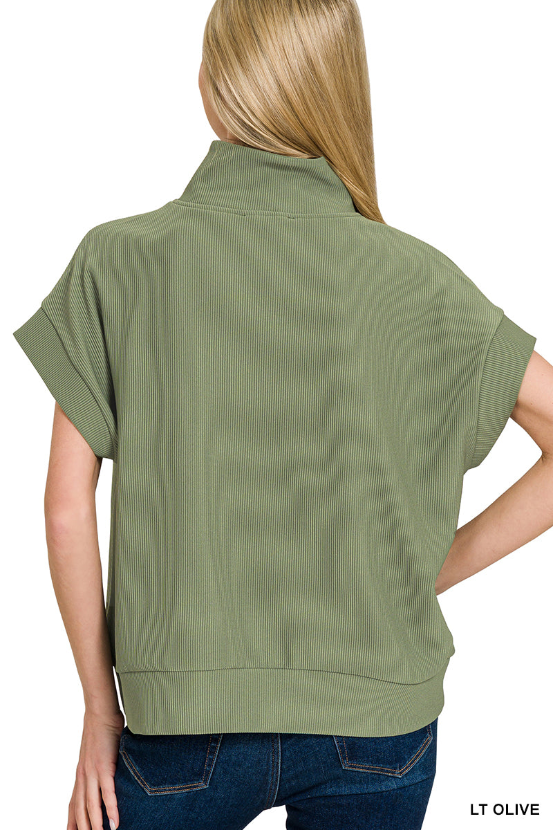 Ribbed high neck half zip top