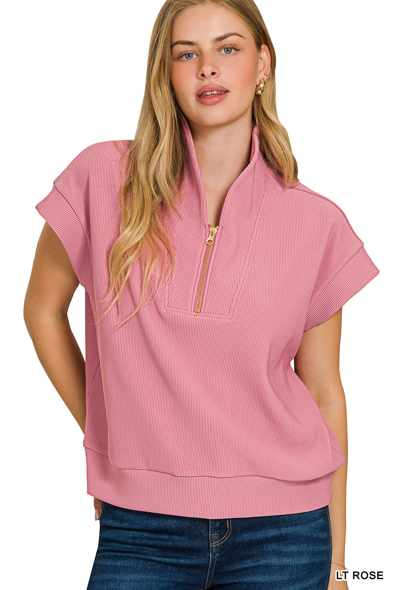 Ribbed high neck half zip top