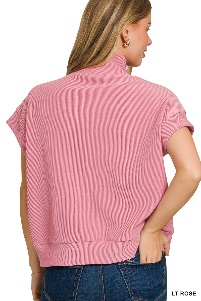 Ribbed high neck half zip top
