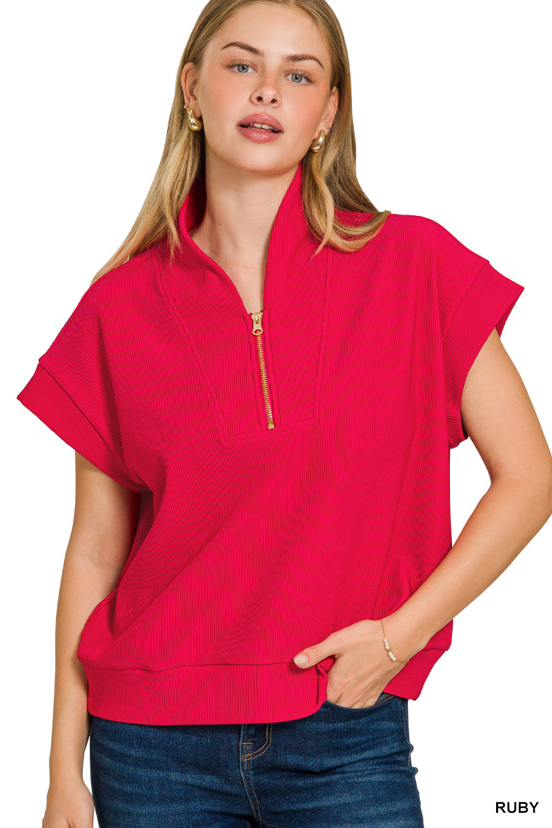 Ribbed high neck half zip top