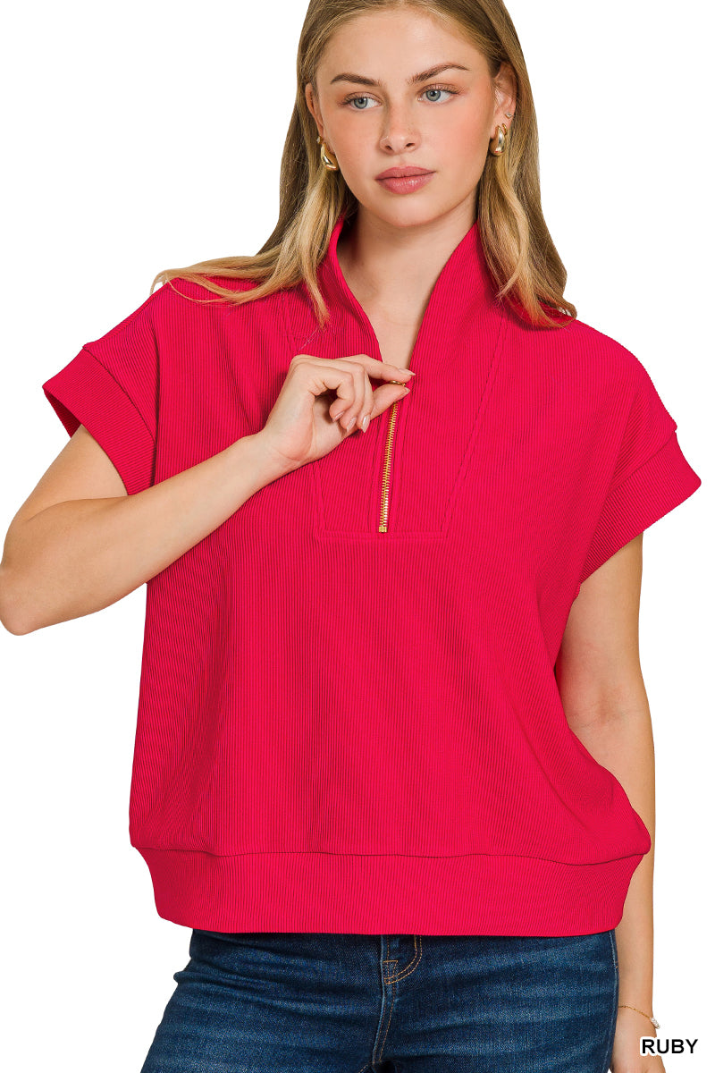 Ribbed high neck half zip top