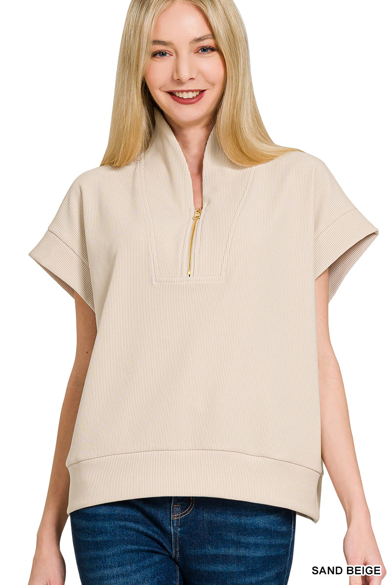 Ribbed high neck half zip top