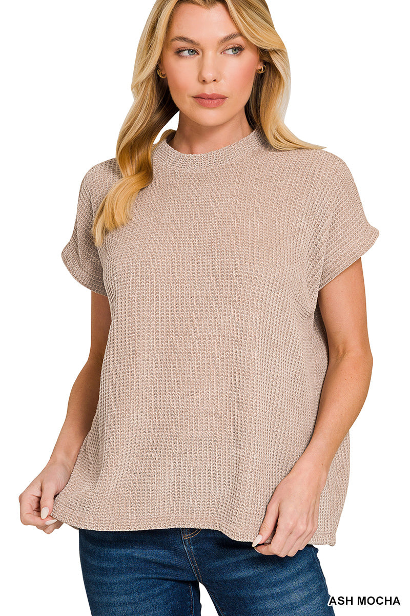CHENILLE WAFFLE CAP SLEEVE SWEATER - Zenana