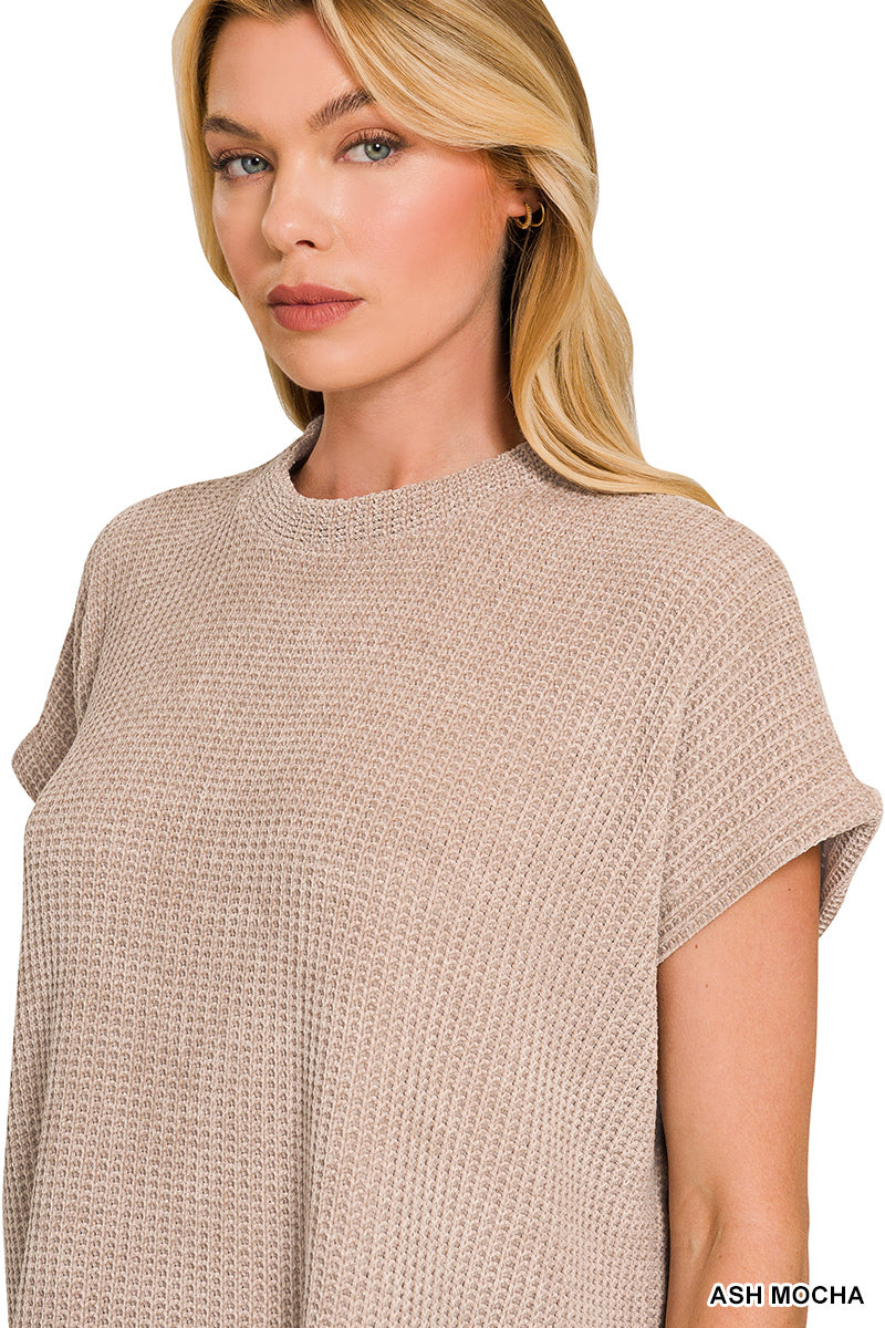 CHENILLE WAFFLE CAP SLEEVE SWEATER - Zenana