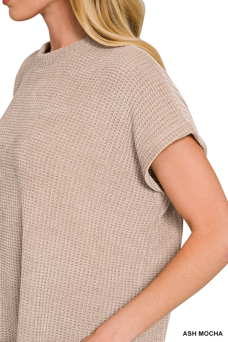 CHENILLE WAFFLE CAP SLEEVE SWEATER - Zenana