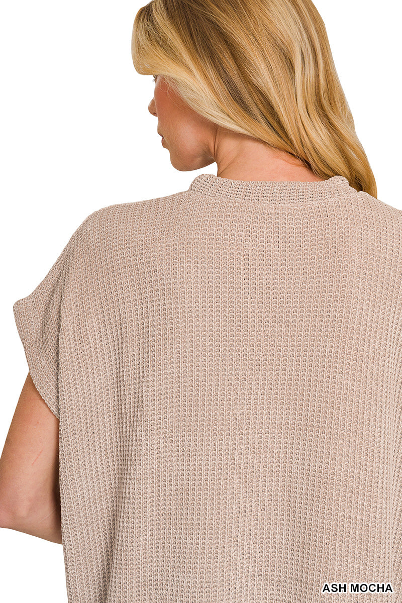CHENILLE WAFFLE CAP SLEEVE SWEATER - Zenana