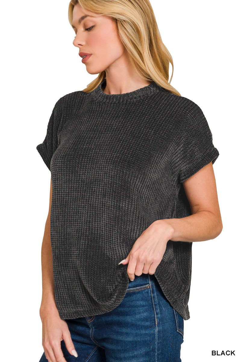 CHENILLE WAFFLE CAP SLEEVE SWEATER - Zenana