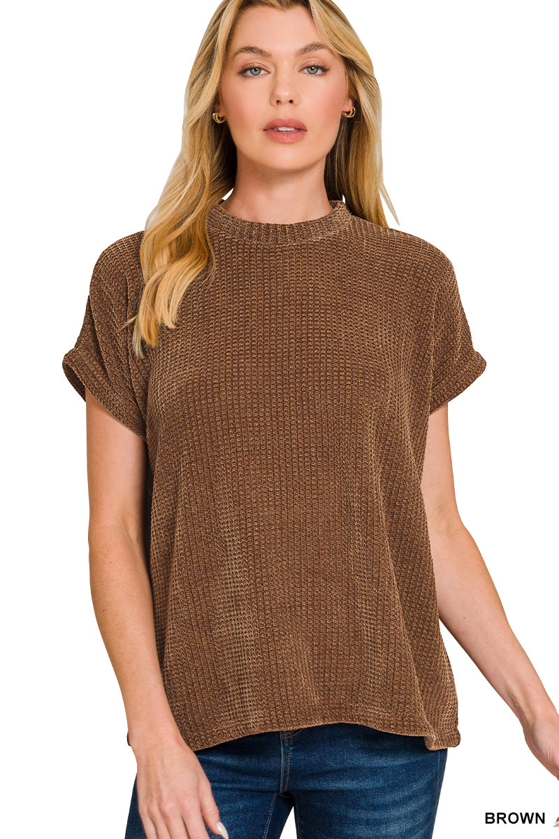 CHENILLE WAFFLE CAP SLEEVE SWEATER - Zenana