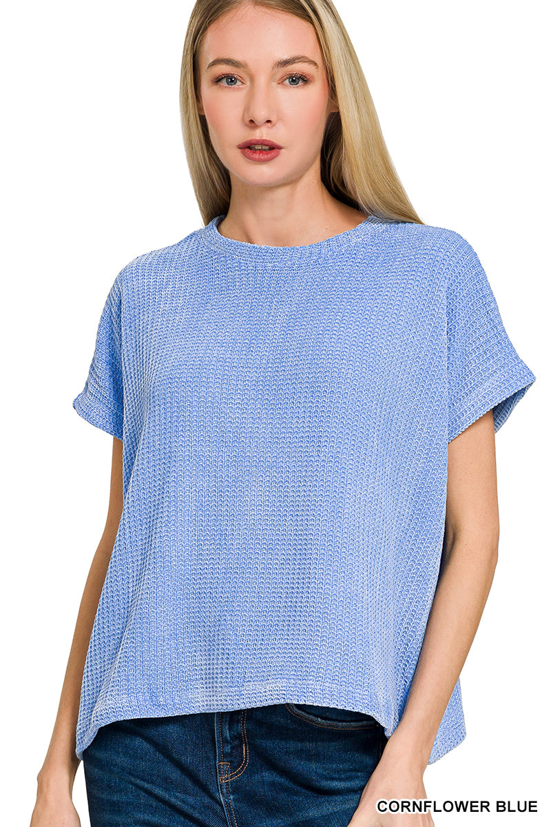 CHENILLE WAFFLE CAP SLEEVE SWEATER - Zenana