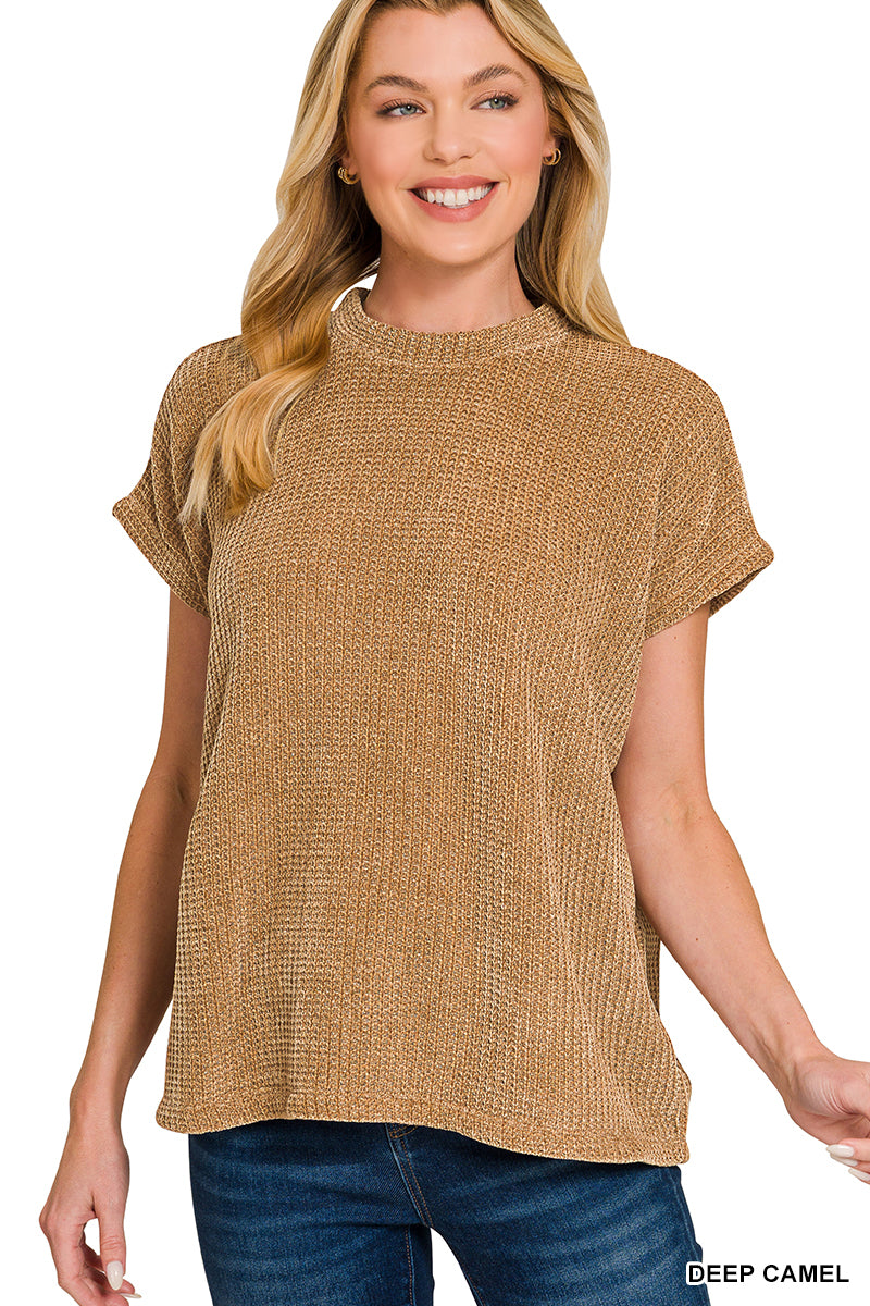 CHENILLE WAFFLE CAP SLEEVE SWEATER - Zenana