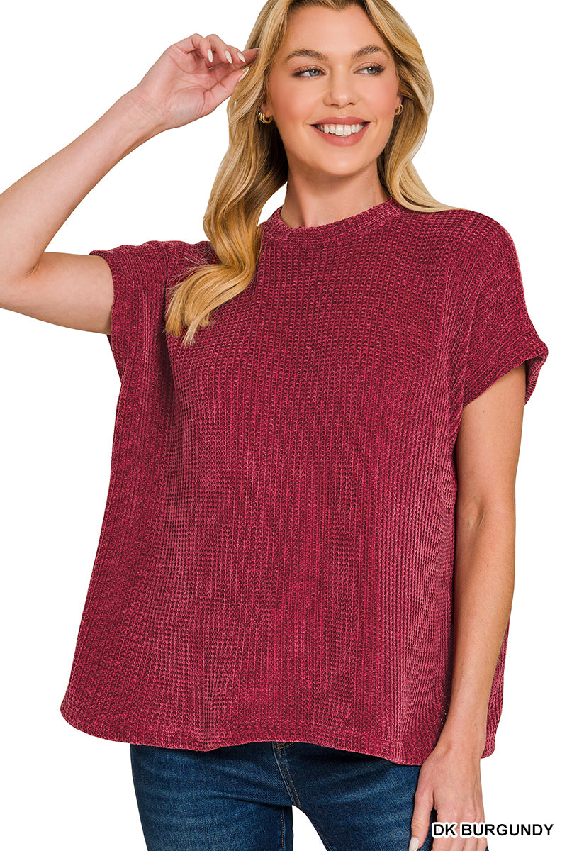 CHENILLE WAFFLE CAP SLEEVE SWEATER - Zenana
