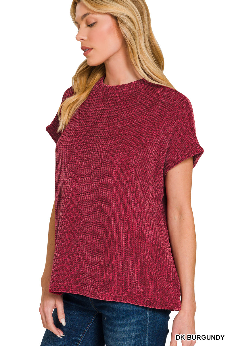 CHENILLE WAFFLE CAP SLEEVE SWEATER - Zenana