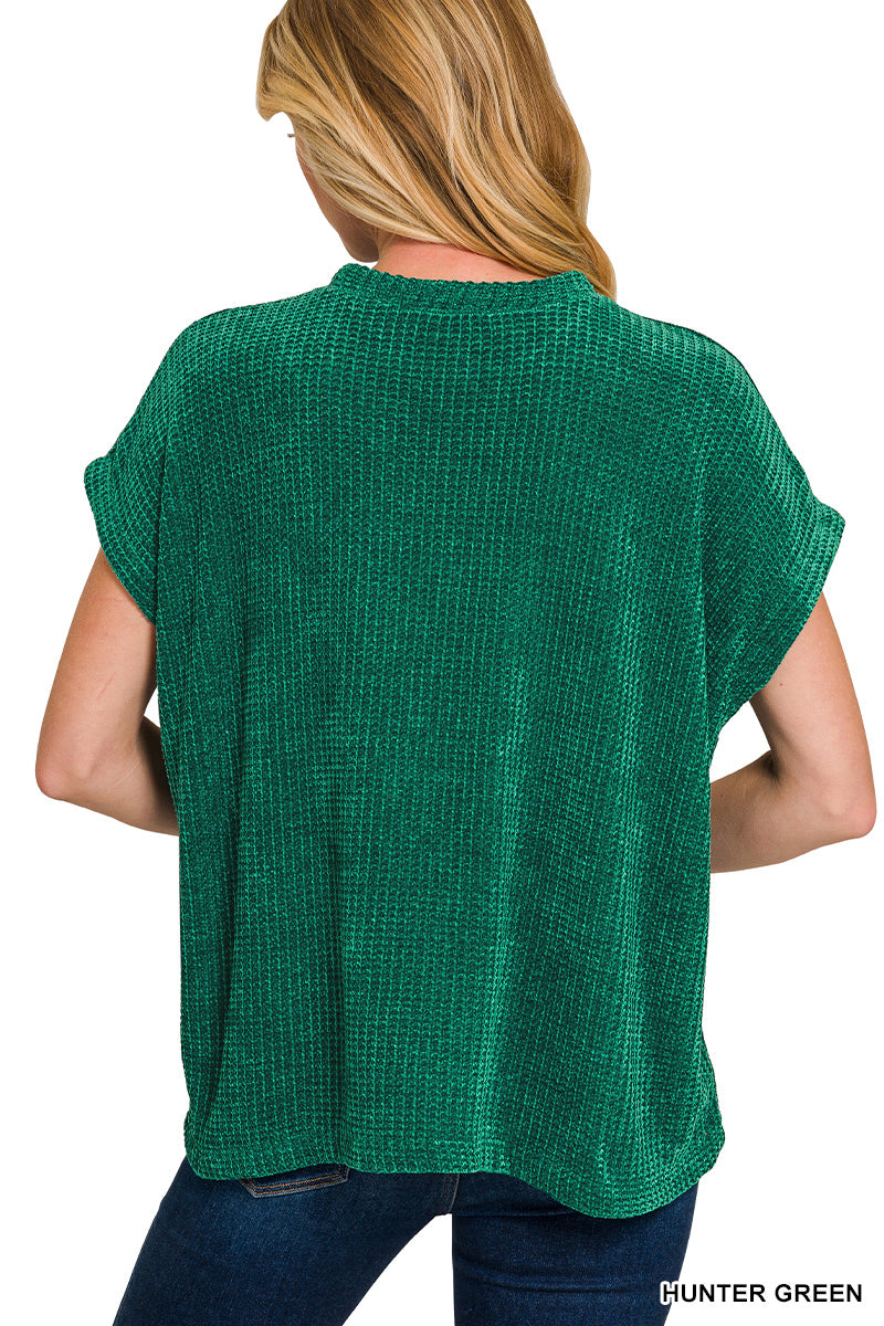 CHENILLE WAFFLE CAP SLEEVE SWEATER - Zenana